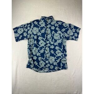 Hana Bay Hawaiian Shirt Mens L Blue Floral Rayon Button Up Tropical VTG Relaxed